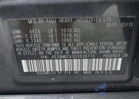 2013 Subaru Legacy 2.5I Premium z USA, uszkodzony, nr VIN 4S3BMBC63D3038710